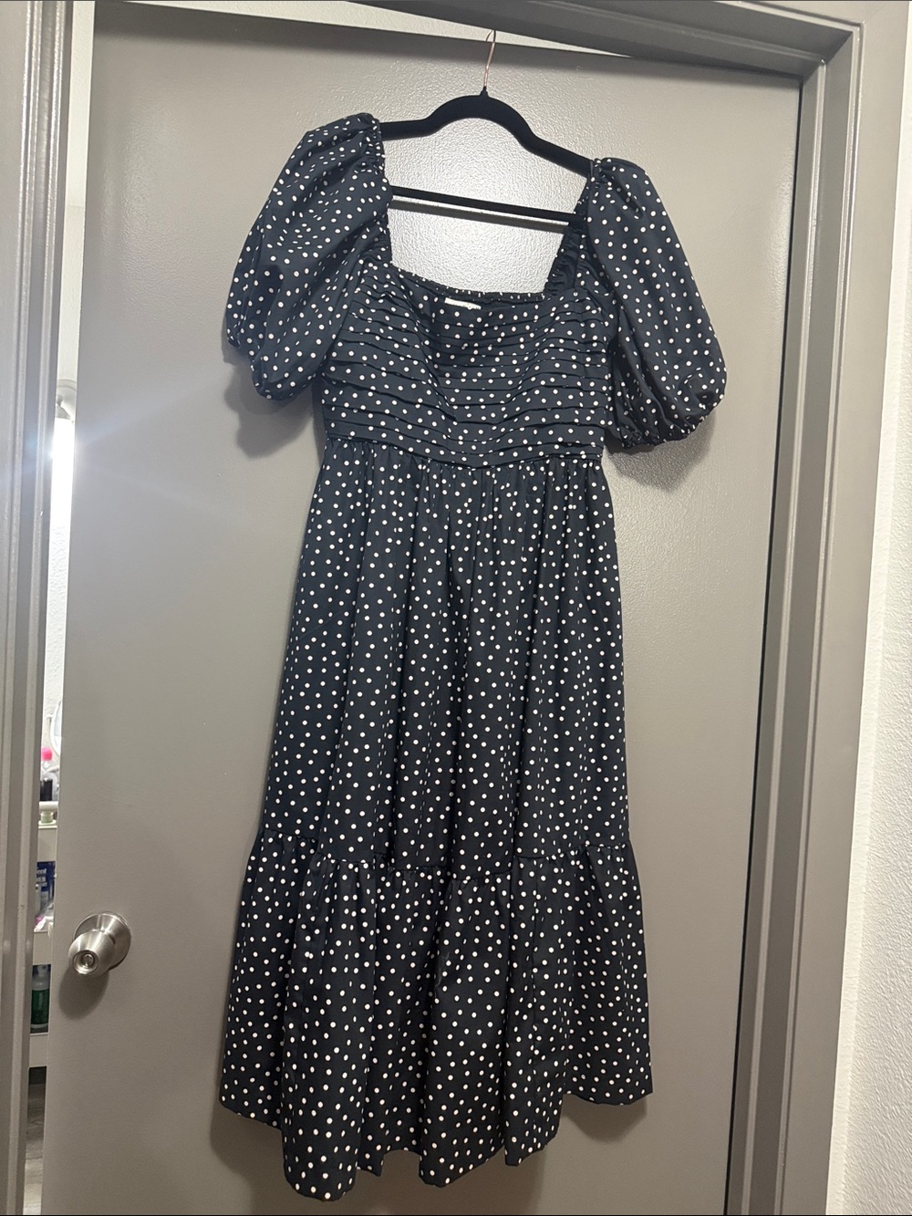Abercrombie & Fitch Black Polka Dot Emerson Puff Sleeve Midi Dress